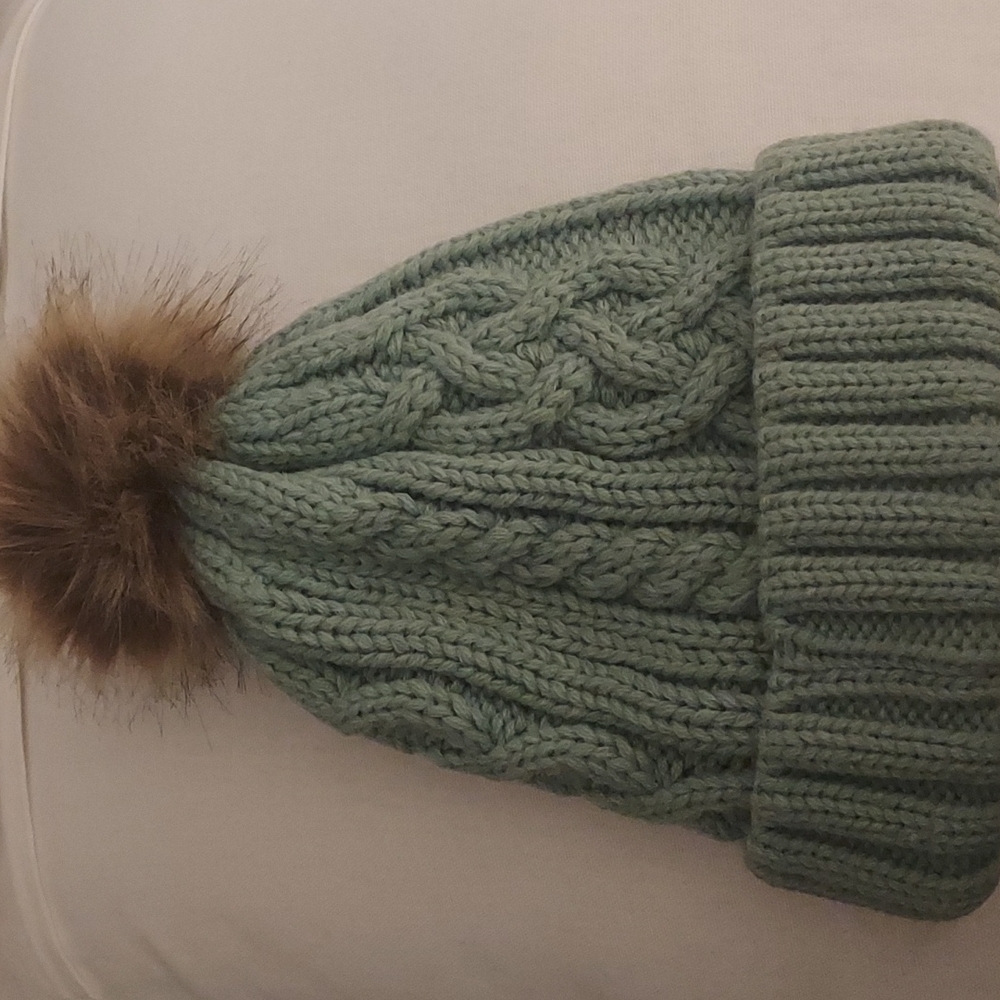 Mint Green Cable knit Winter Cap w/ Pom Pom